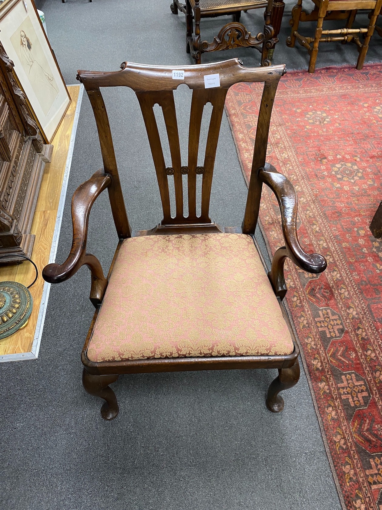 A George III mahogany elbow chair, width 70cm, depth 52cm, height 98cm